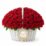 Load image into Gallery viewer, 1000 Red Roses White Basket with Blossoms Whispering Logo Sticker