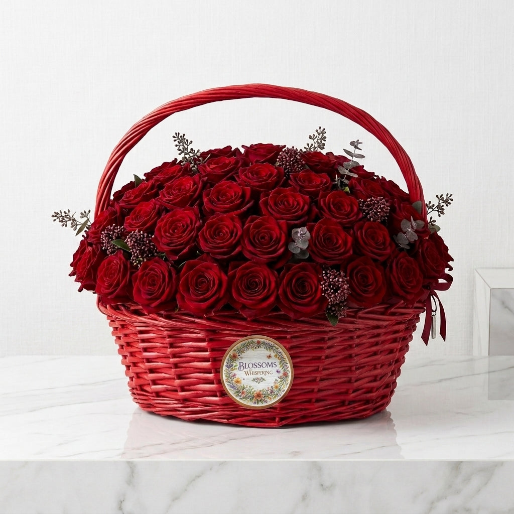 Crimson Elegance Basket of 50 Red Roses