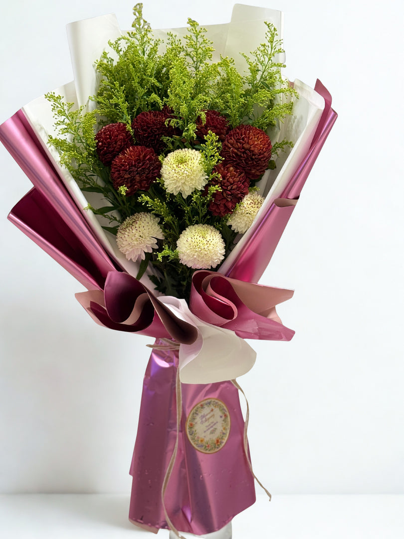 Crimson & Cream: Pompon Chrysanthemum Bouquet