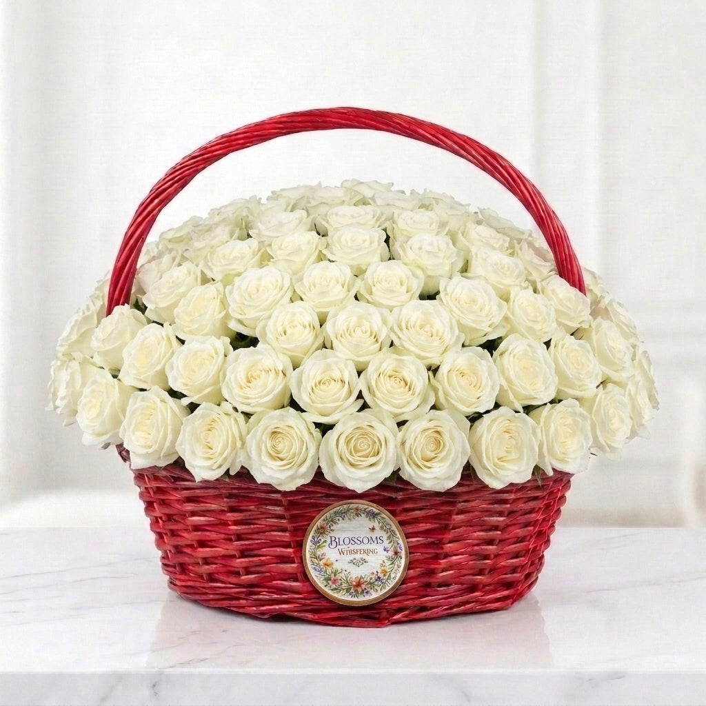 Ivory Majesty Basket of 100 White Roses