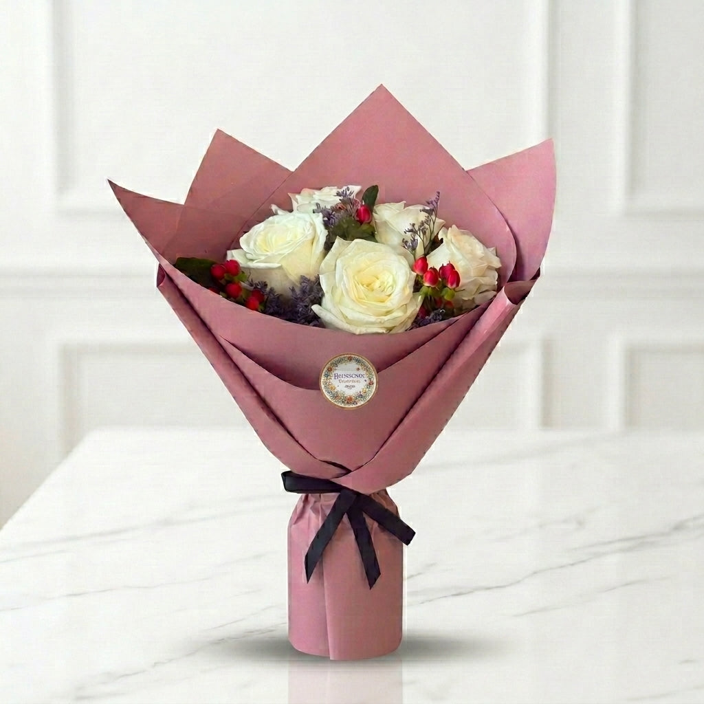 Pearl White Rose Bouquet with Pink Wrapping