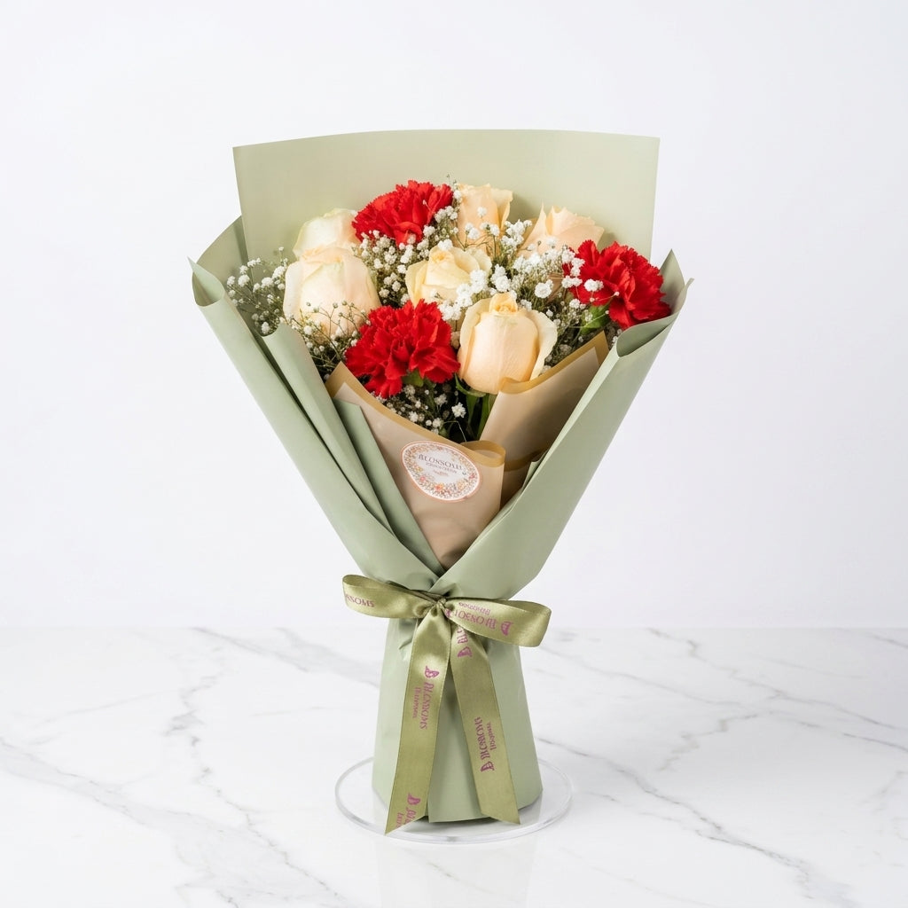 Evergreen Love Red & White Flowers Bouquet