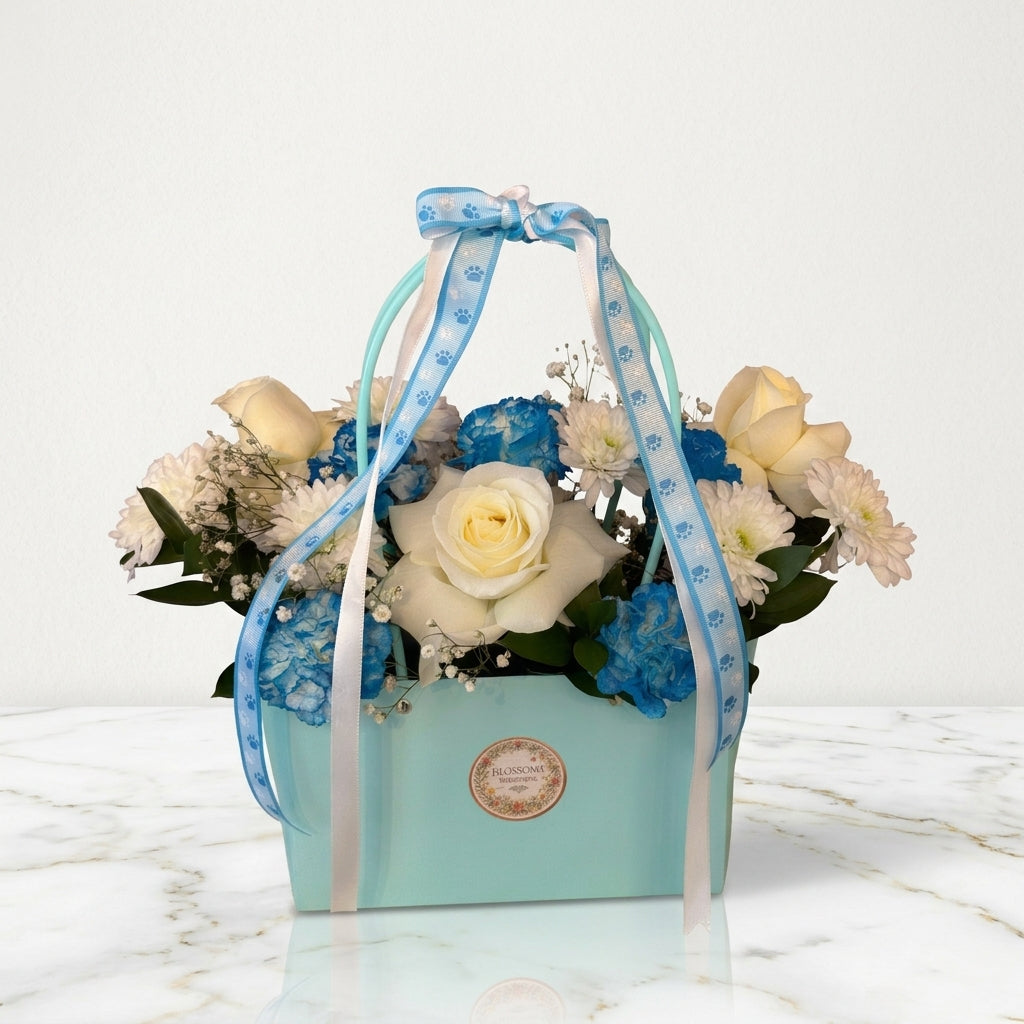 Blue Serenity Flower Bag with White Roses
