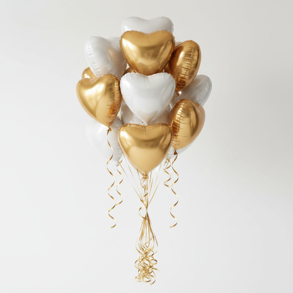 Gold & White Heart Foil Balloon Bouquet
